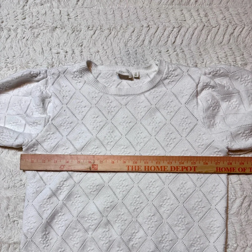 White Short Sleeve Pointelle Knit Sweater| Puff Sleeves Medium cottagecore - Picture 3 of 5